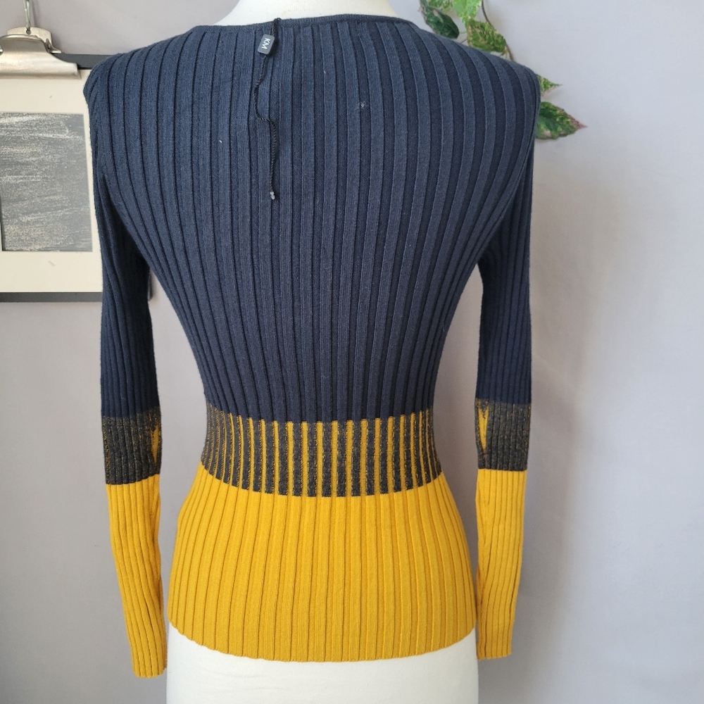 Karen Millen Ribbed Knit Color Block Sweater Top Blue Mustard S - Picture 2 of 12